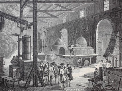 Machine shop in a factory in Soho, London, 18th century, digitally enhanced reproduction of a 19th