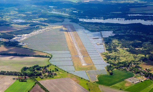 Aerial photo, special landing site, Neuhardenberg, airfield, solar farm, solar, solar modules,