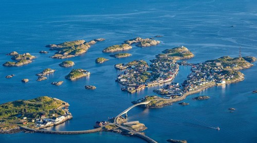 Bridges connecting numerous small rocky islands, archipelago islands, view of Henningsvær, Vågan,