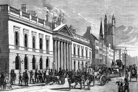View of East India House in Leadenhall Street in the City of London, England, was the headquarters