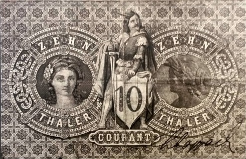 Banknote, emergency money, ten Thaler, Taler, reverse, Mitteldeutsche Creditbank, 1856, Germany,