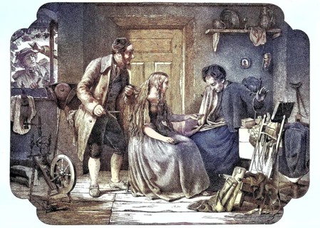 Hair buyer in Thuringia, woman with long hair sells her hair and the buyer stands ready with
