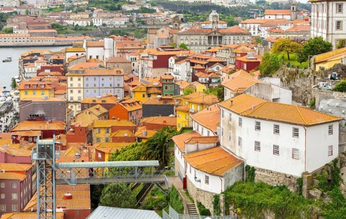 Rooftops of historic buildings in Ribeira area, city of Porto, Portugal
