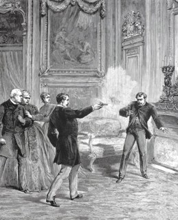 Man shoots his opponent with a revolver, illustration to Martyre, drama in five acts by Adolphe