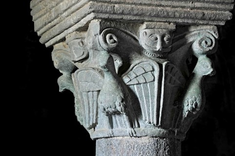Column capital with dove, relief in stone, underground grove of columns, pagan crypt, 10th century,