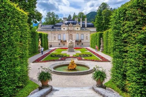 Baroque garden parterre with the east side of Linderhof Castle, Ettal, Ammertal, Upper Bavaria,