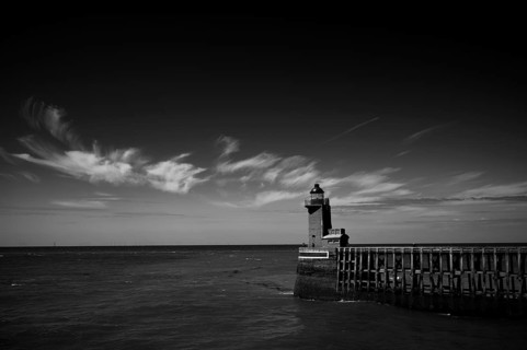 Sea, lighthouse Feu de la jetée Sud, lighthouse, black and white, harbour entrance, pier, Fécamp,