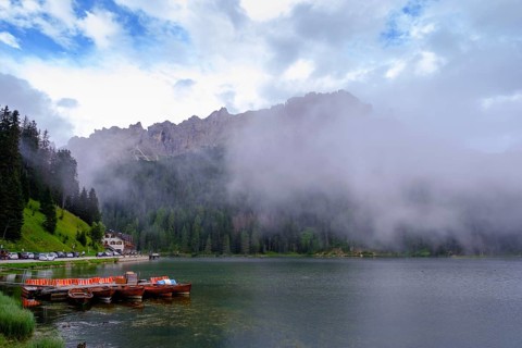 Lake Misurina, Lago di Misurina in the fog, Auronzo di Cadore, Dolomites, Veneto, Italy