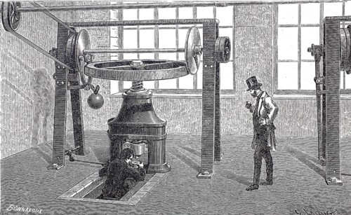 Worker at a mint, coin minting block, moved by steam, 1870, England, digitally enhanced