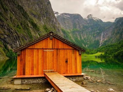 Boathouse at the Obersee near Königssee in the Berchtesgaden National Park, Schönau am Königssee,