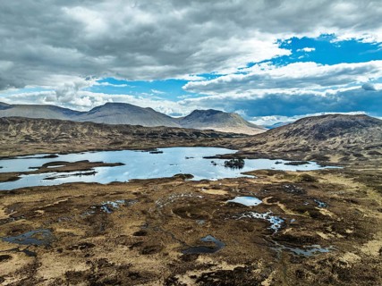 Rannoch Moor from a drone over Loch Ba and Loch of the Armpit, A82 Highland Way, Argyll and Bute,