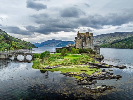 Eilean Donan Castle and Loch Duich from a drone, Isle of Skye, Highlands, Scotland, England, United