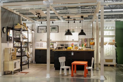 Full kitchen display in the showroom section of IKEA home store