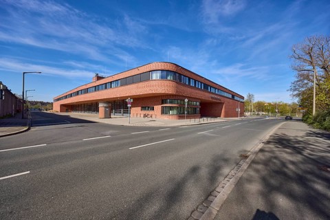Fire station 1, modern architecture, driveway, street, lantern, trees, blue sky, cirrostratus