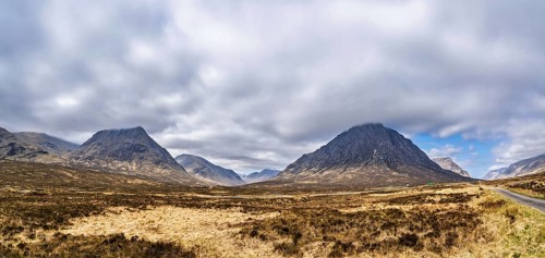 Panorama of Mountains and Moors over Glen Etive Valley, Glencoe, Highlands, Scotland and Buachaille