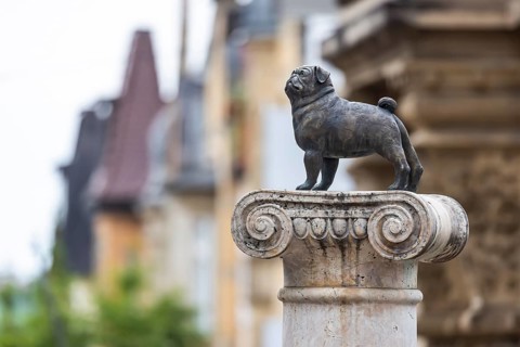 Loriot memorial with pug. In memory of Vicco von Bülow, who began his career in Stuttgart.
