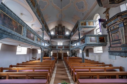 Interior with organ gallery and surrounding double galleries, historic Evangelical Lutheran