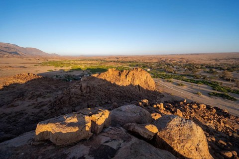 Desert landscape at the Ugab River at sunrise, Brandberg White Lady Lodge, Erongo, Damaraland,