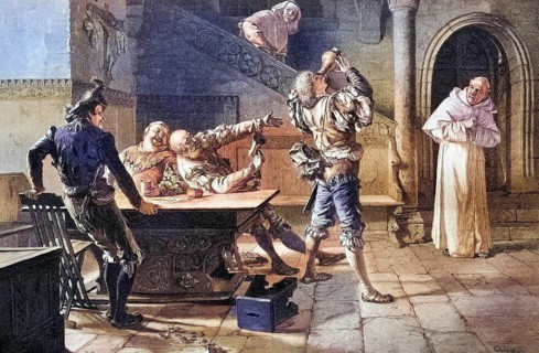 Unseemly guests in the monastery tavern, coloured wood engraving, reproduction from a model from ca