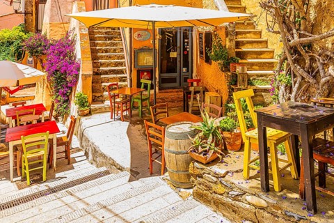 Street cafe in Via Cavour, Capoliveri, Elba Island, Tuscan Archipelago National Park, Tuscany,