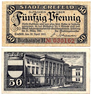 Banknote, banknote, emergency money, 50 Pfennig, city of Krefeld, 1920, Germany, reproduction of a