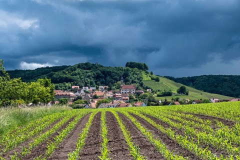 Dark clouds in the sky, Castell, Steigerwald nature park Park, Lower Franconia, Franconia, Germany