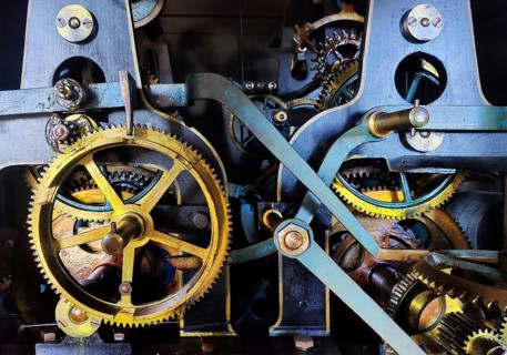 Historic mechanical gear train for the church bells of the main church of St Katharinen, Hamburg,