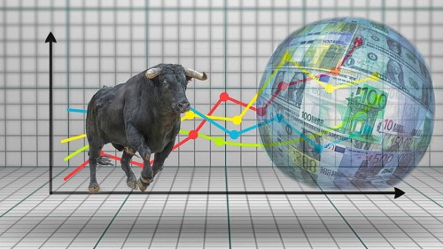 Symbol photo, bull as a sign of upswing, financial economy, stock markets, rise, banks, money