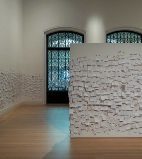 Gropius Bau Berlin, interior view, room with countless post it at the end of an exhibition, Berlin,