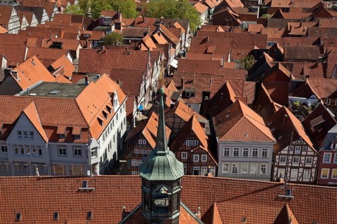View from the town church tower over the roofs of the historic old town with its four hundred