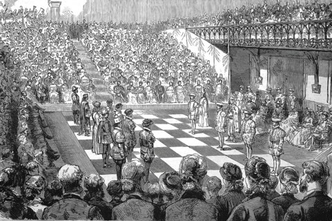 Chess game with living persons, around 1880, a game in the Guilhall in Winchester in England,