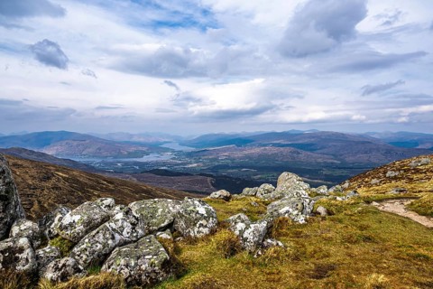 View from Nevis Range Mountains, Grampian Mountains, Fort William, Highland, Lochaber, Scotland, UK