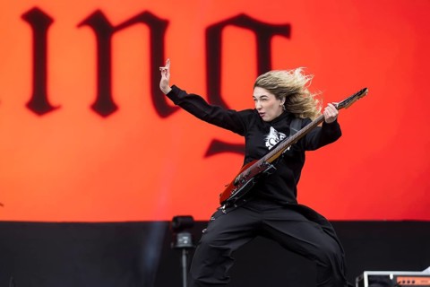 Daniela Villarreal Vélez, singer of The Warning is surprised by a gust of wind at the Rock am Ring