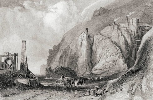 Botallack mine, Cornwall, England in the 19th century. From the Cyclopaedia of Useful Arts and
