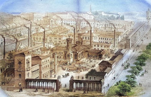 Borsig's Eisengiesserei und Lokomotivenbauanstalt am Oranienburger Tor in Berlin, Germany, coloured