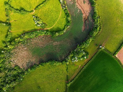 Top Down over Marshes over River Dart from a drone, Stoke Gabriel, Totnes, Devon, England, United