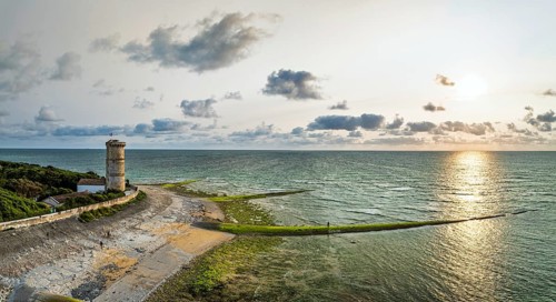 Panorama of WHALE LIGHTHOUSE from a drone, Saint-Clement-des-Baleines, Atlantic, France