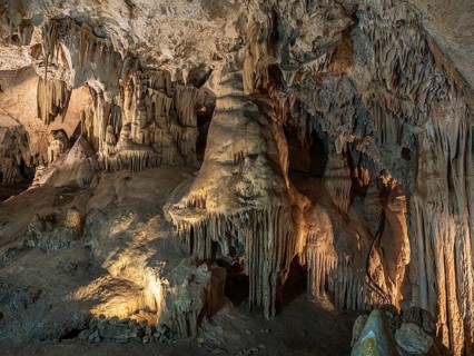 Cueva de Nerja, illuminated cave, large stalagmites and stalagtites, Nerja, Andalusia, Spain