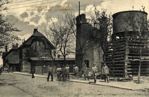 Historical postcard, picture postcard, Willenberg during the war, railway station with destroyed