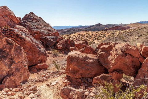Red sandstone boulders along a trail at Valley of Fire State Park near Overton, Nevada