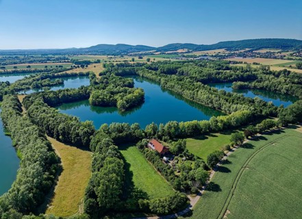 Landscape around the Weser lowlands near Großenwieden, aerial view. Hessisch Oldendorf, Lower