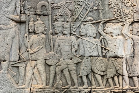 Stone bas-reliefs, Khmer war campaign against the Cham, relief wall, east façade, Bayon temple,
