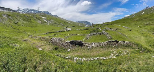 Panoramic photo of foundation walls ruins of 2000 years old historical ancient Roman hostel Mansio