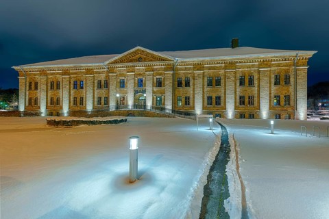Historic military hospital illuminated winter snow Minden Germany