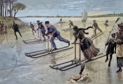 Race with the racing wolf, ice sledge on the frozen Wannsee near Potsdam, Germany, illustration,