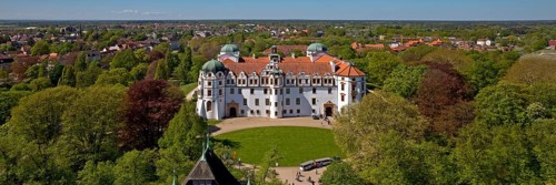 Celle Castle seen from above from the church tower, Celle, Lower Saxony, Germany