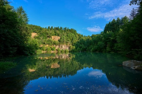 Tranquil lake in the middle of a forest with a clear water surface that reflects the sky,
