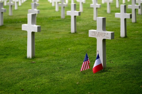 US flag and French flag at the grave of John S Brannon jr, gravestones, war graves, military