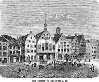 Row of houses on Römerberg with town hall, old town of Frankfurt, facades, stepped gables, gabled
