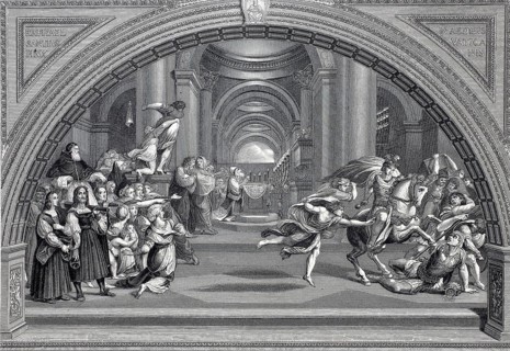 The Expulsion of Heliodorus from the Temple, Room of Heliodorus, steel engraving after a painting